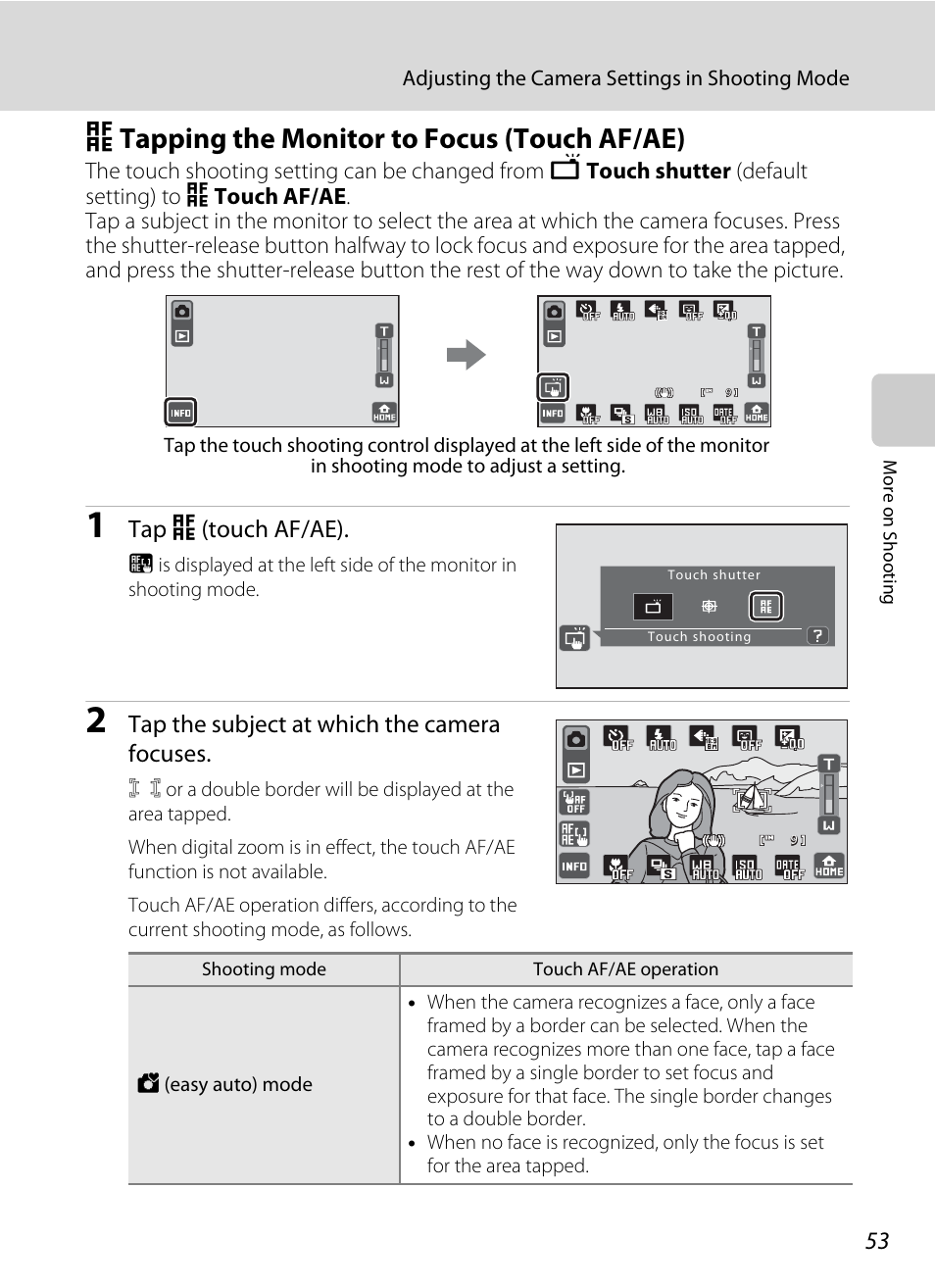 Tapping the monitor to focus (touch af/ae), R tapping the monitor to focus (touch af/ae), A 53) | A 53, A 53). at, Tap r (touch af/ae), Tap the subject at which the camera focuses | Nikon S70 User Manual | Page 65 / 192