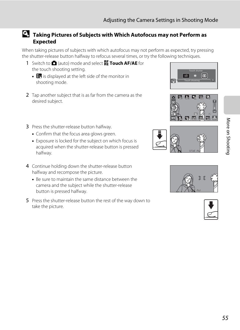 A 55), Adjusting the camera settings in shooting mode | Nikon S70 User Manual | Page 67 / 192