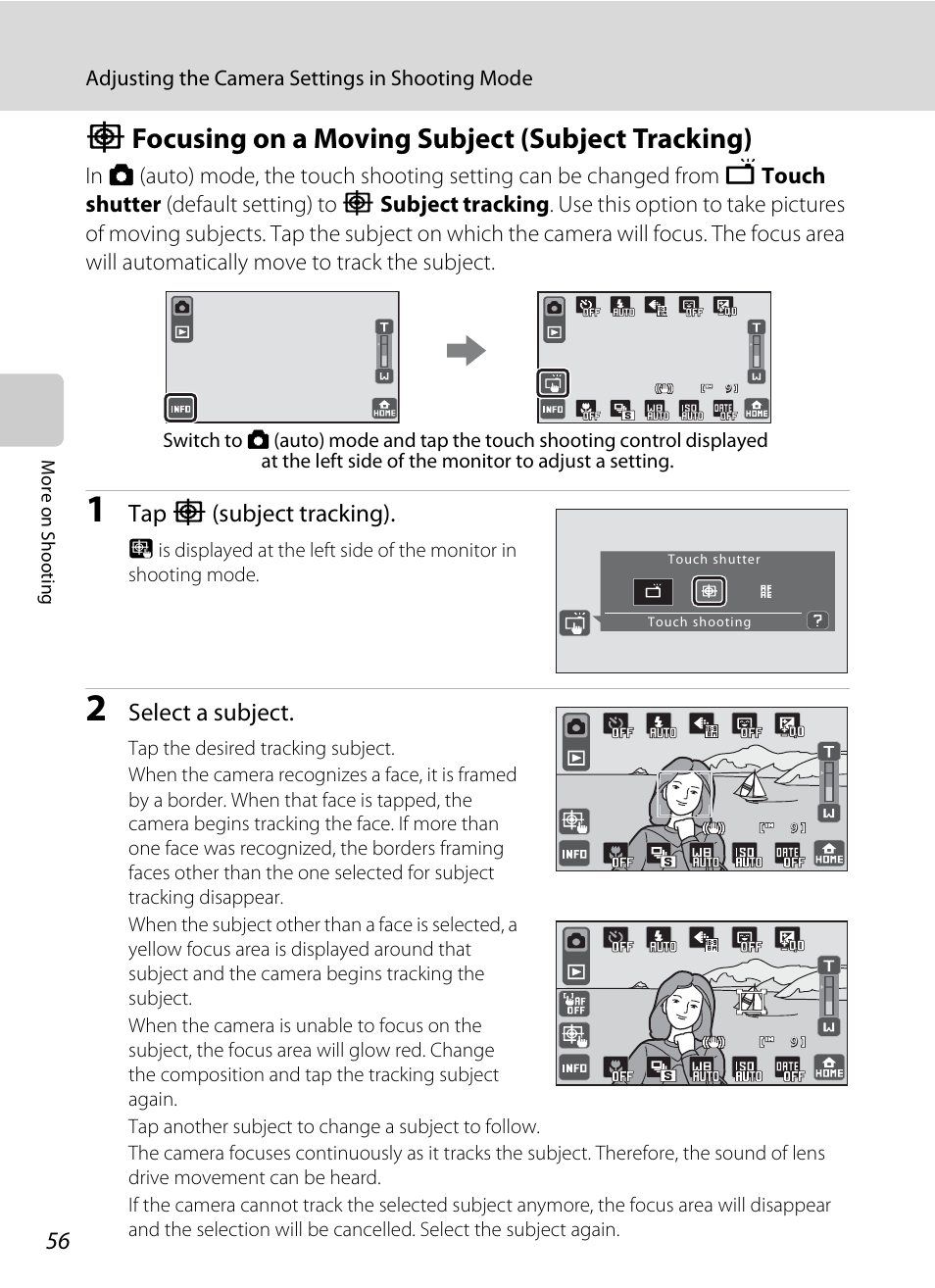 Focusing on a moving subject (subject tracking), Q focusing on a moving subject (subject tracking), A 56 | Tap q (subject tracking), Select a subject | Nikon S70 User Manual | Page 68 / 192