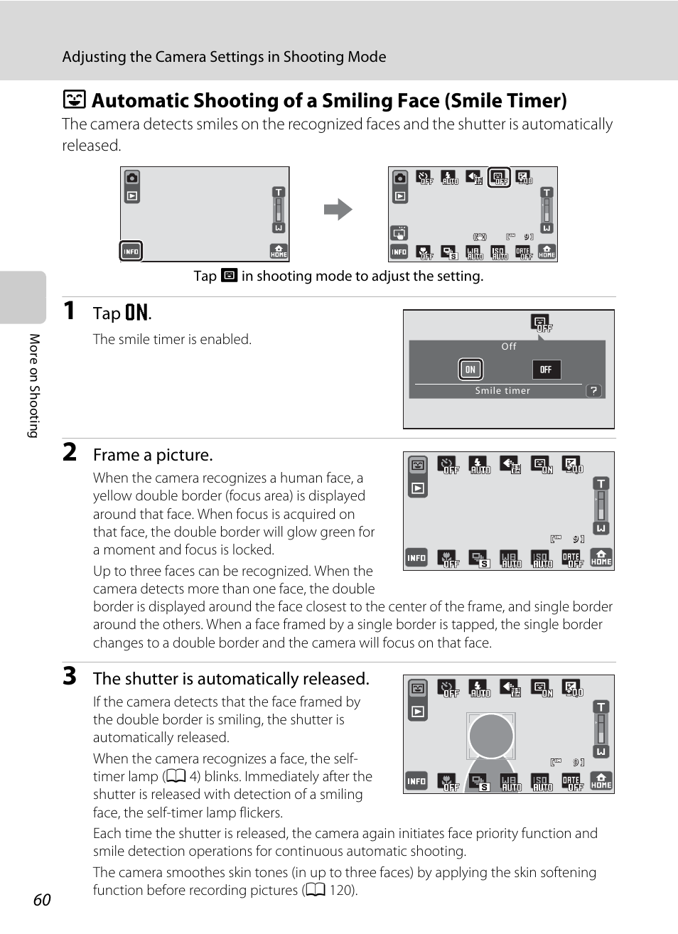 Automatic shooting of a smiling face (smile timer), A 60, Tap y | Frame a picture, The shutter is automatically released | Nikon S70 User Manual | Page 72 / 192