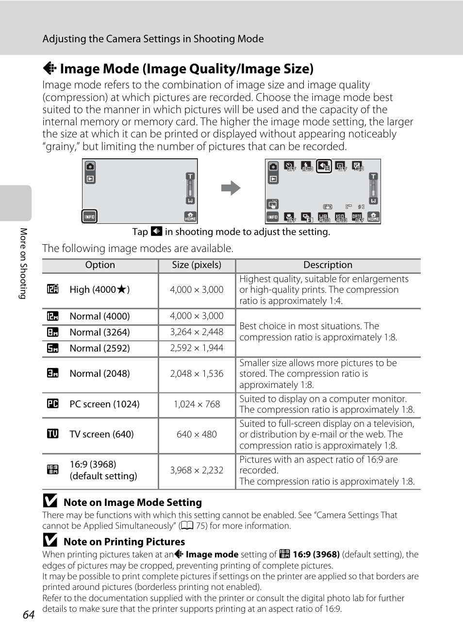 Image mode (image quality/image size), A image mode (image quality/image size), A 64 | Nikon S70 User Manual | Page 76 / 192