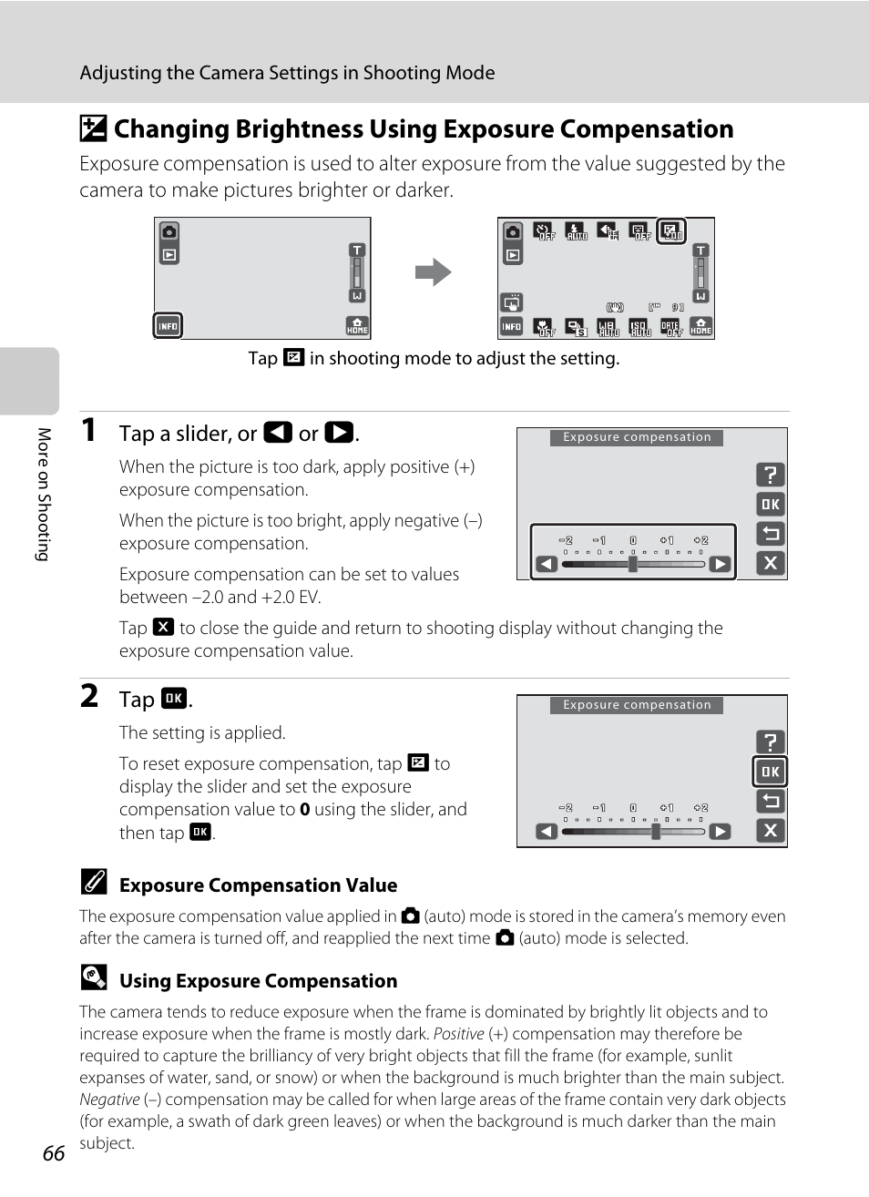 Changing brightness using exposure compensation, O changing brightness using exposure compensation, A 66 | Nikon S70 User Manual | Page 78 / 192