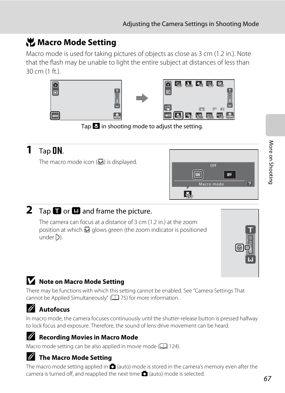 Macro mode setting, P macro mode setting, A 67) | A 67) to foc, A 67 | Nikon S70 User Manual | Page 79 / 192