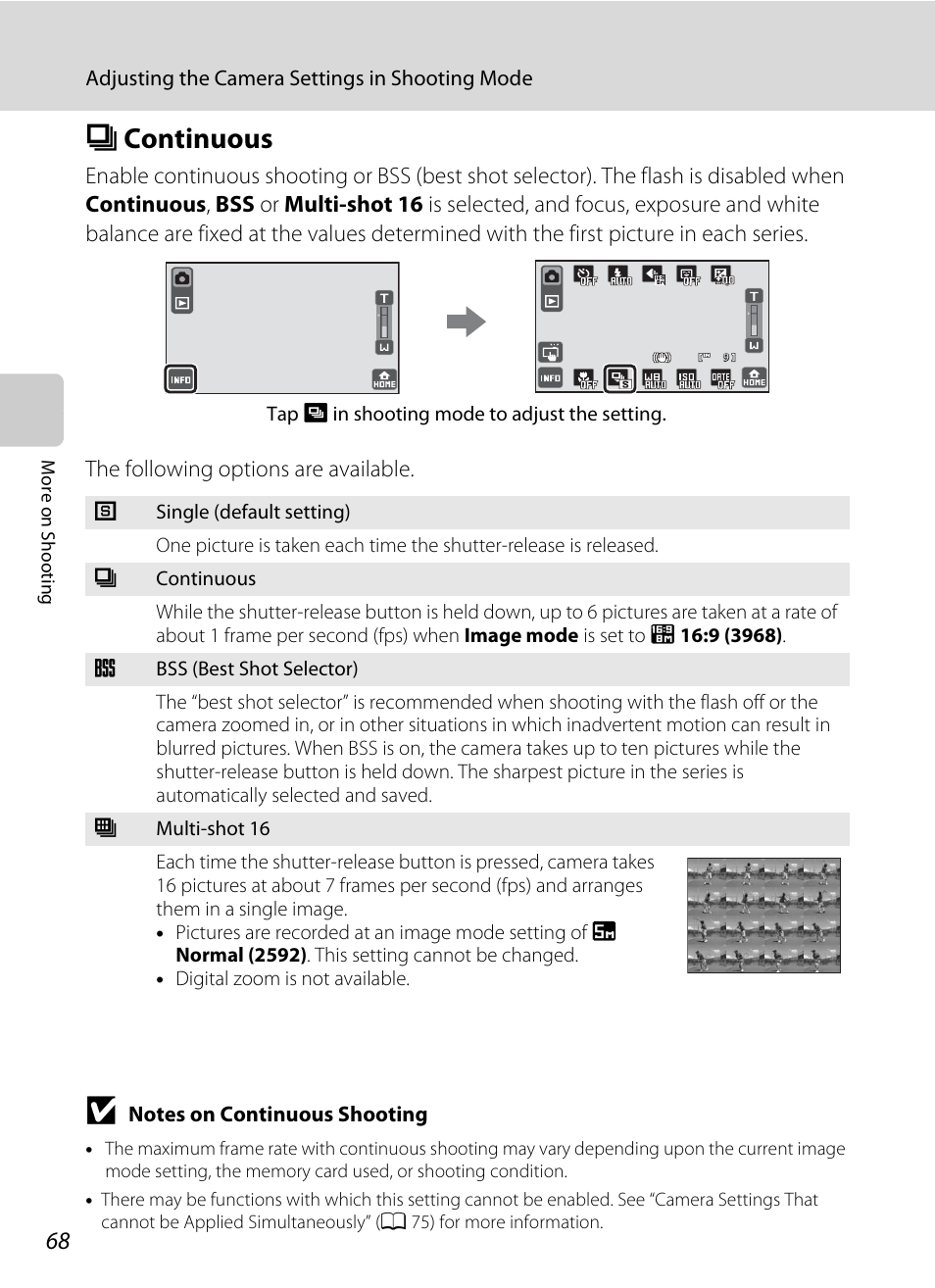 Continuous, V continuous, Or) (a 68) ca | A 68 | Nikon S70 User Manual | Page 80 / 192