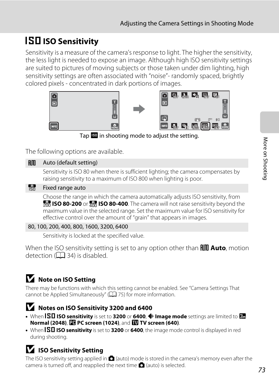 Iso sensitivity, M iso sensitivity, A 73 | Nikon S70 User Manual | Page 85 / 192