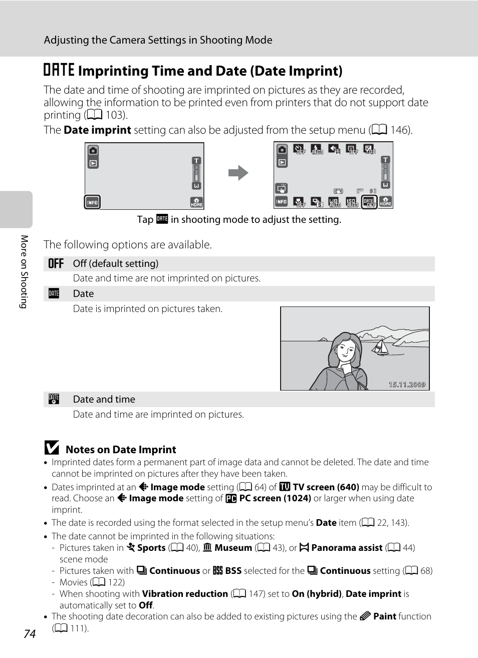 Imprinting time and date (date imprint), L imprinting time and date (date imprint), A 74 | Nikon S70 User Manual | Page 86 / 192