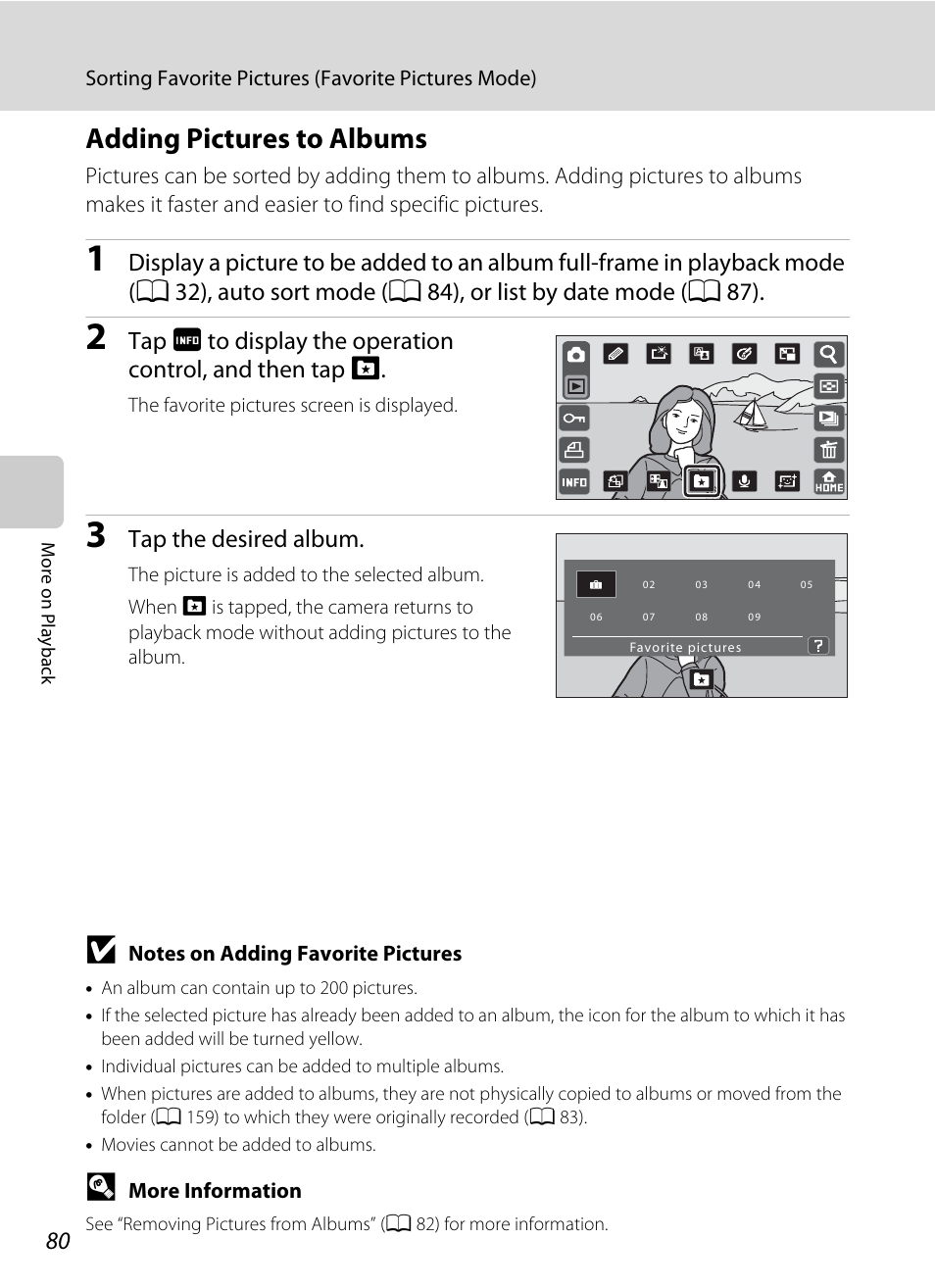 Adding pictures to albums, A 80), Tap the desired album | Nikon S70 User Manual | Page 92 / 192