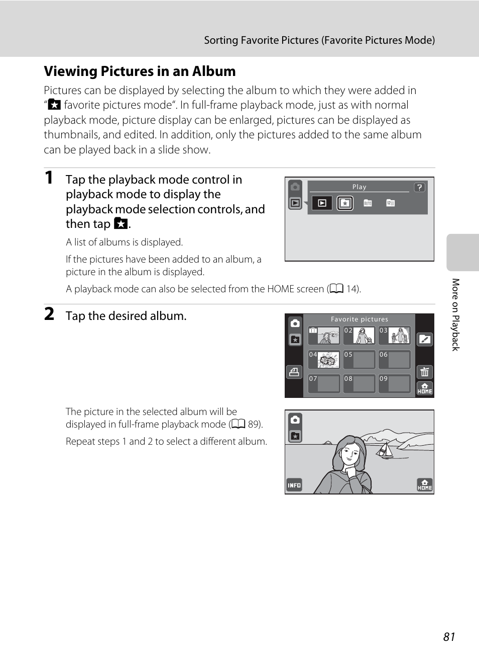 Viewing pictures in an album, A 81, A 81) | Tap the desired album | Nikon S70 User Manual | Page 93 / 192