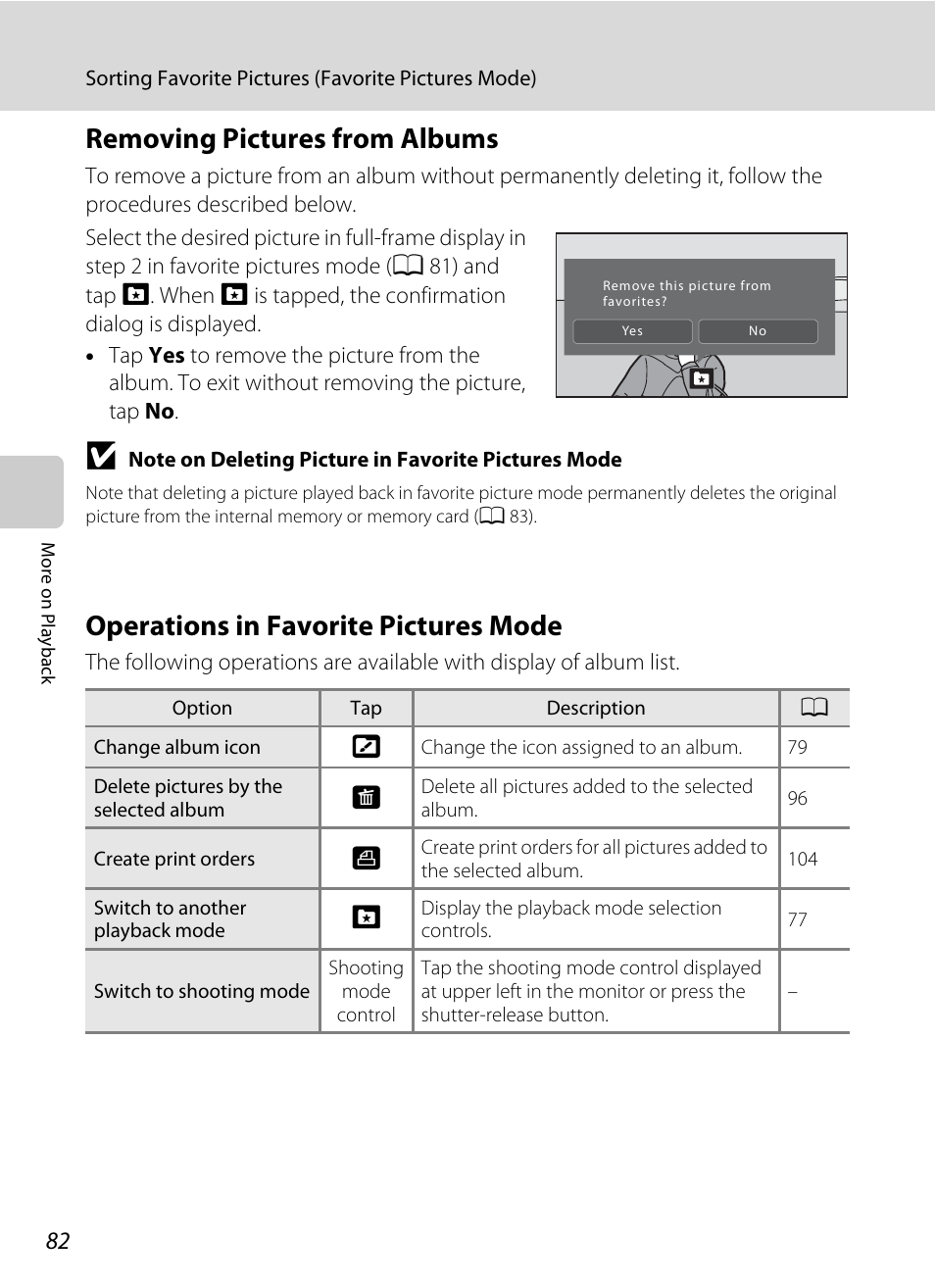 Removing pictures from albums, Operations in favorite pictures mode, Ee “removing pictures from albums | A 82) f | Nikon S70 User Manual | Page 94 / 192
