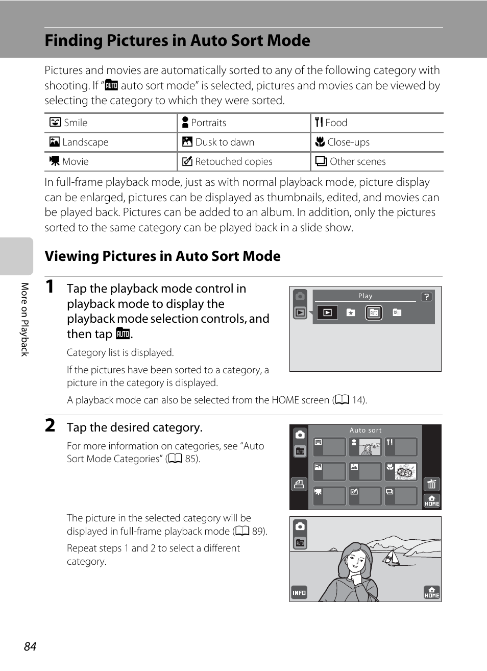 Finding pictures in auto sort mode, Viewing pictures in auto sort mode, A 84) | A 84, Auto sort mode (a 84) | Nikon S70 User Manual | Page 96 / 192