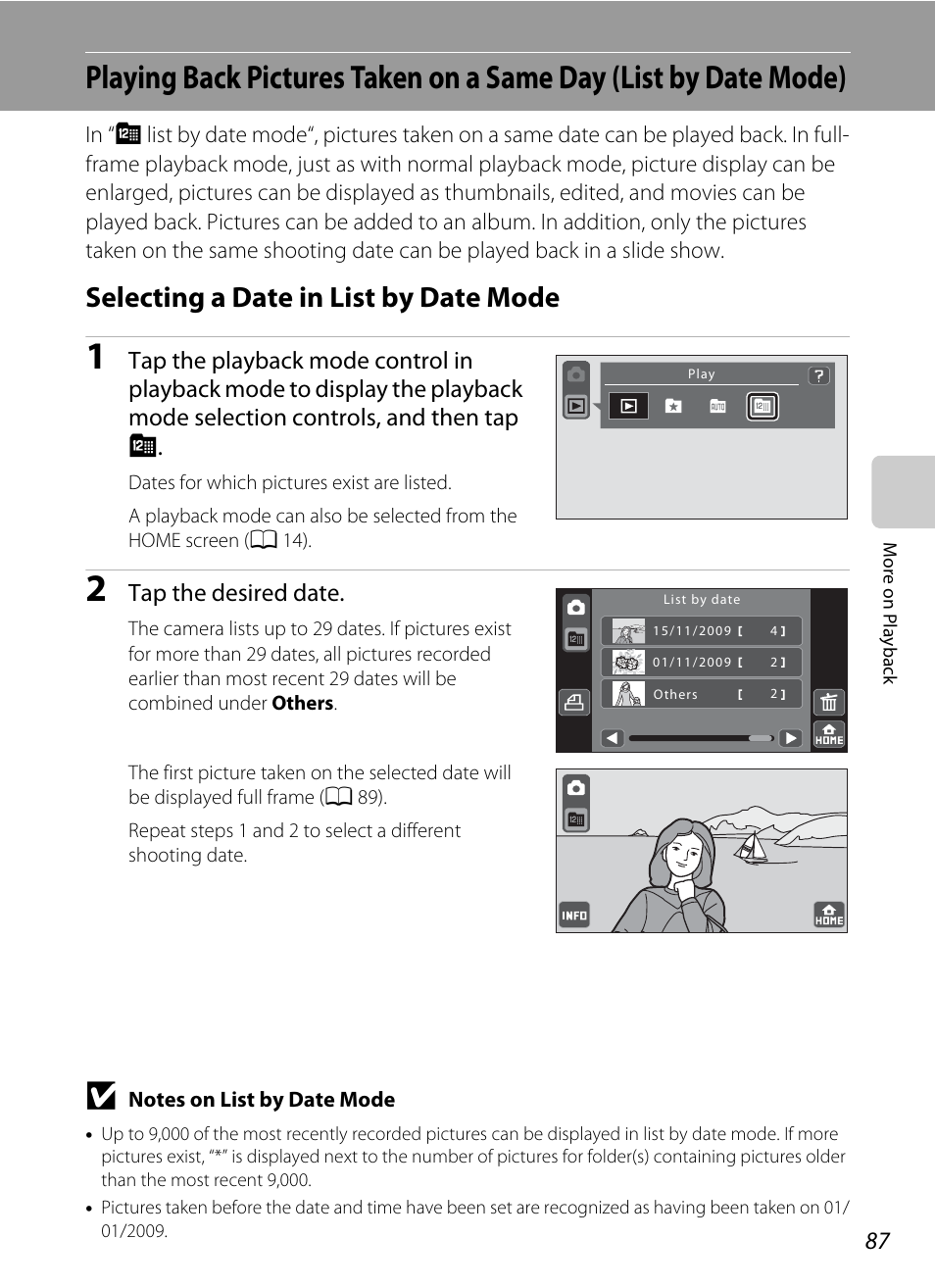 Selecting a date in list by date mode, A 87), A 87 | Tap the desired date | Nikon S70 User Manual | Page 99 / 192