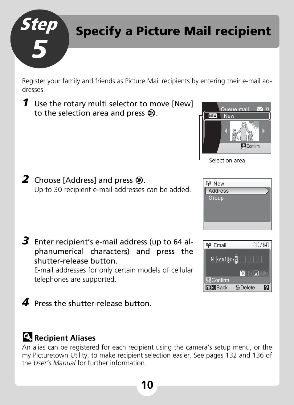 Step 5 specify a picture mail recipient, Step, Specify a picture mail recipient | Nikon S51c User Manual | Page 10 / 24