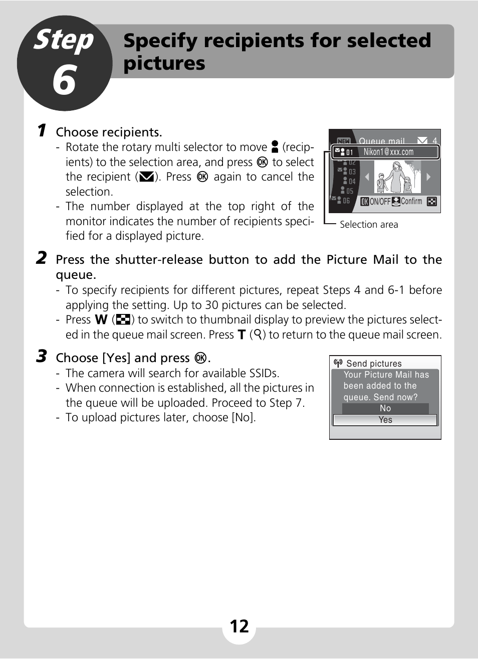 Step 6 specify recipients for selected pictures, Step, Specify recipients for selected pictures | Nikon S51c User Manual | Page 12 / 24