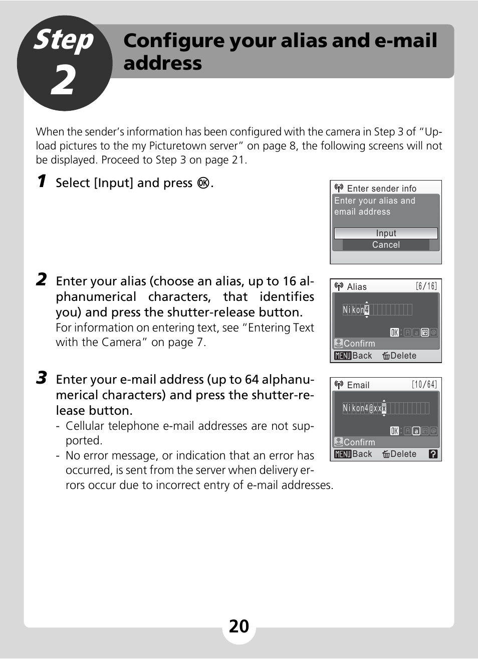 Step 2 configure your alias and e-mail address, Step, Configure your alias and e-mail address | Nikon S51c User Manual | Page 20 / 24