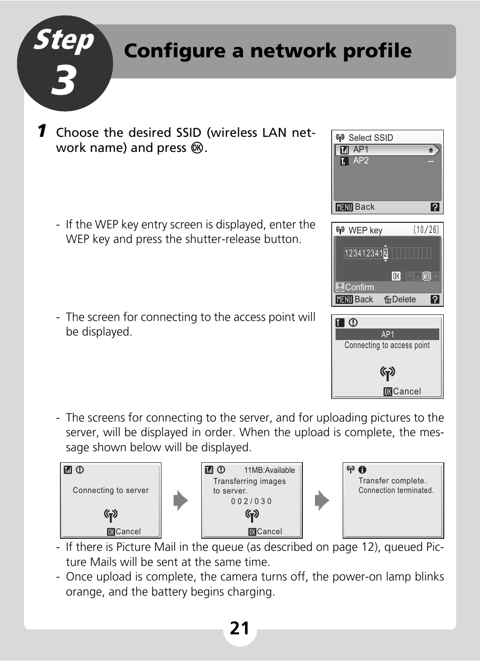 Step 3 configure a network profile, Step, Configure a network profile | Nikon S51c User Manual | Page 21 / 24