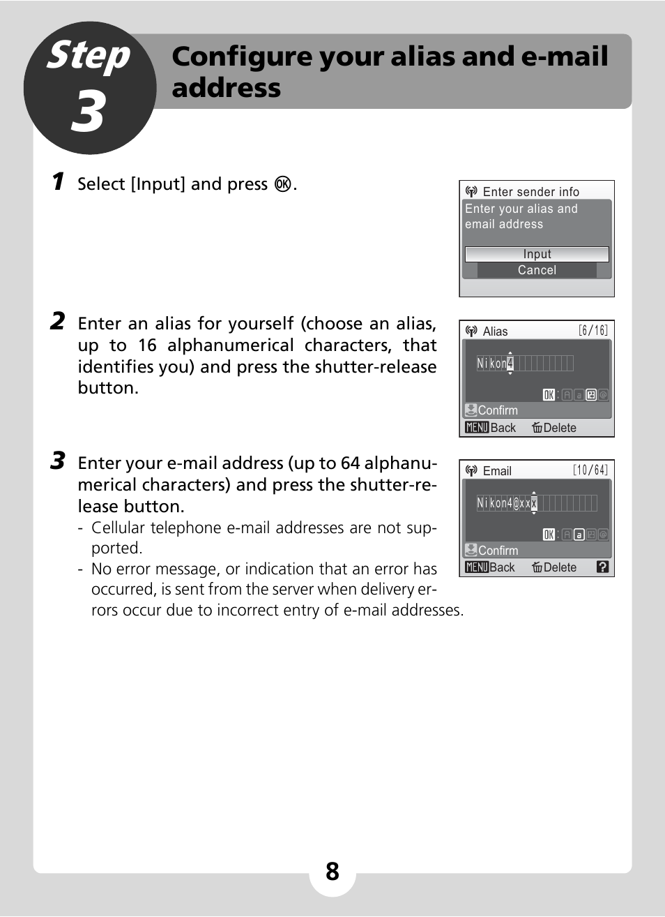 Step 3 configure your alias and e-mail address, Step, Configure your alias and e-mail address | Nikon S51c User Manual | Page 8 / 24