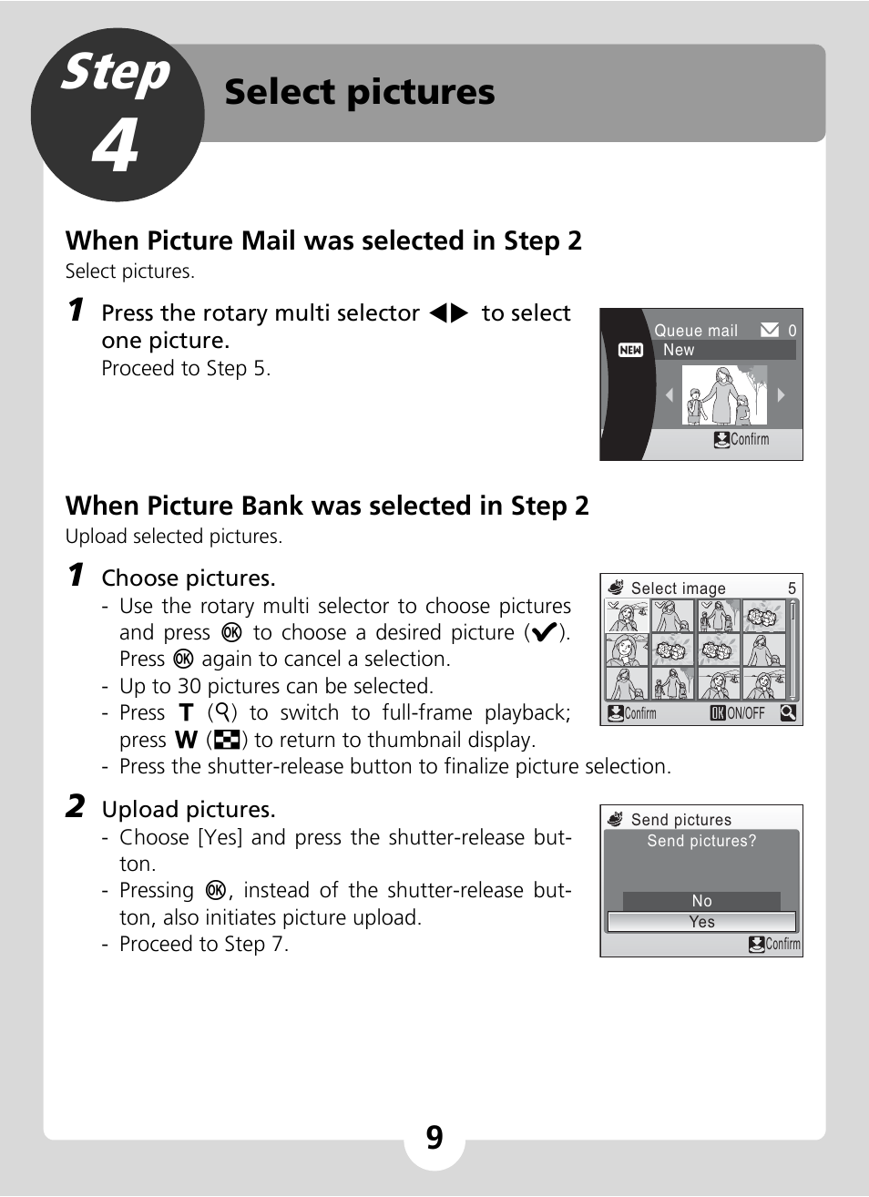 Step 4 select pictures, Step, Select pictures | When picture mail was selected in step 2, When picture bank was selected in step 2 | Nikon S51c User Manual | Page 9 / 24