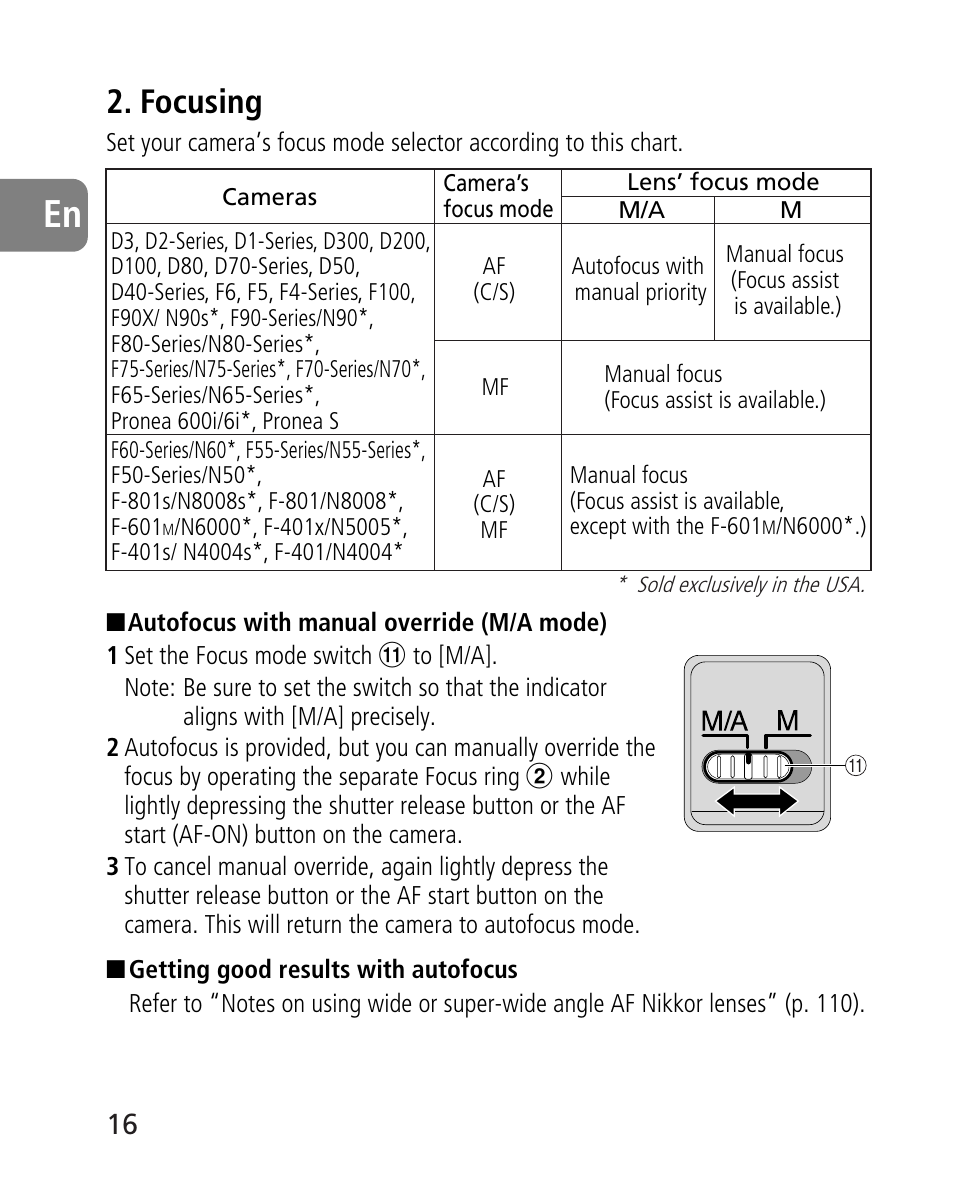 Focusing | Nikon AF-S 14-24mm f-2.8G ED User Manual | Page 16 / 119