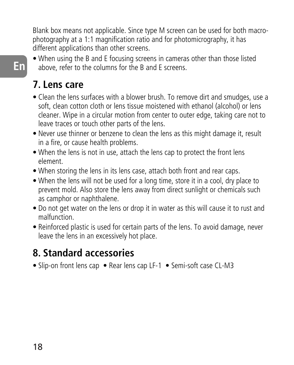 Lens care, Standard accessories | Nikon AF-S 14-24mm f-2.8G ED User Manual | Page 18 / 119