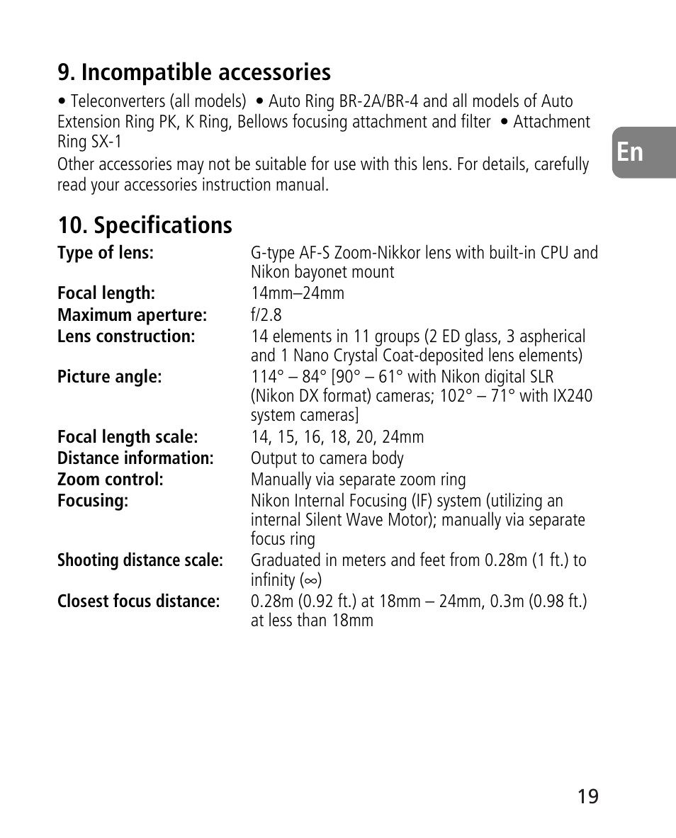 Incompatible accessories, Specifications | Nikon AF-S 14-24mm f-2.8G ED User Manual | Page 19 / 119