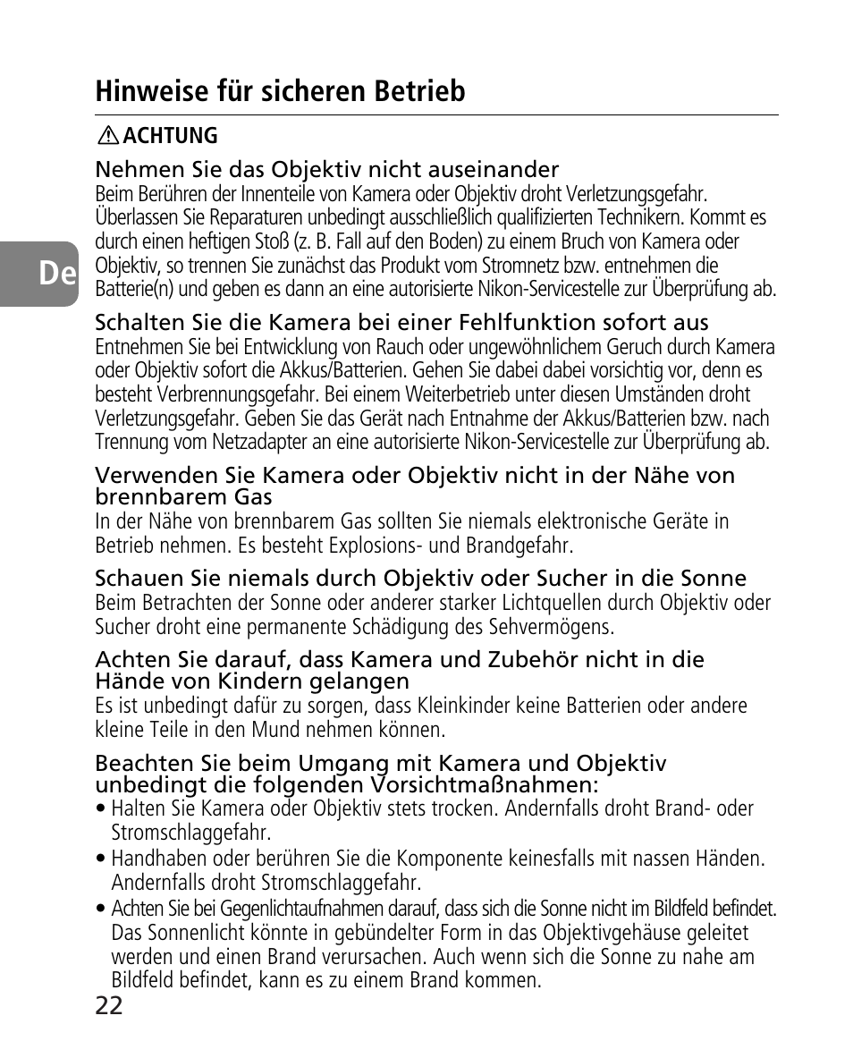 Hinweise für sicheren betrieb | Nikon AF-S 14-24mm f-2.8G ED User Manual | Page 22 / 119