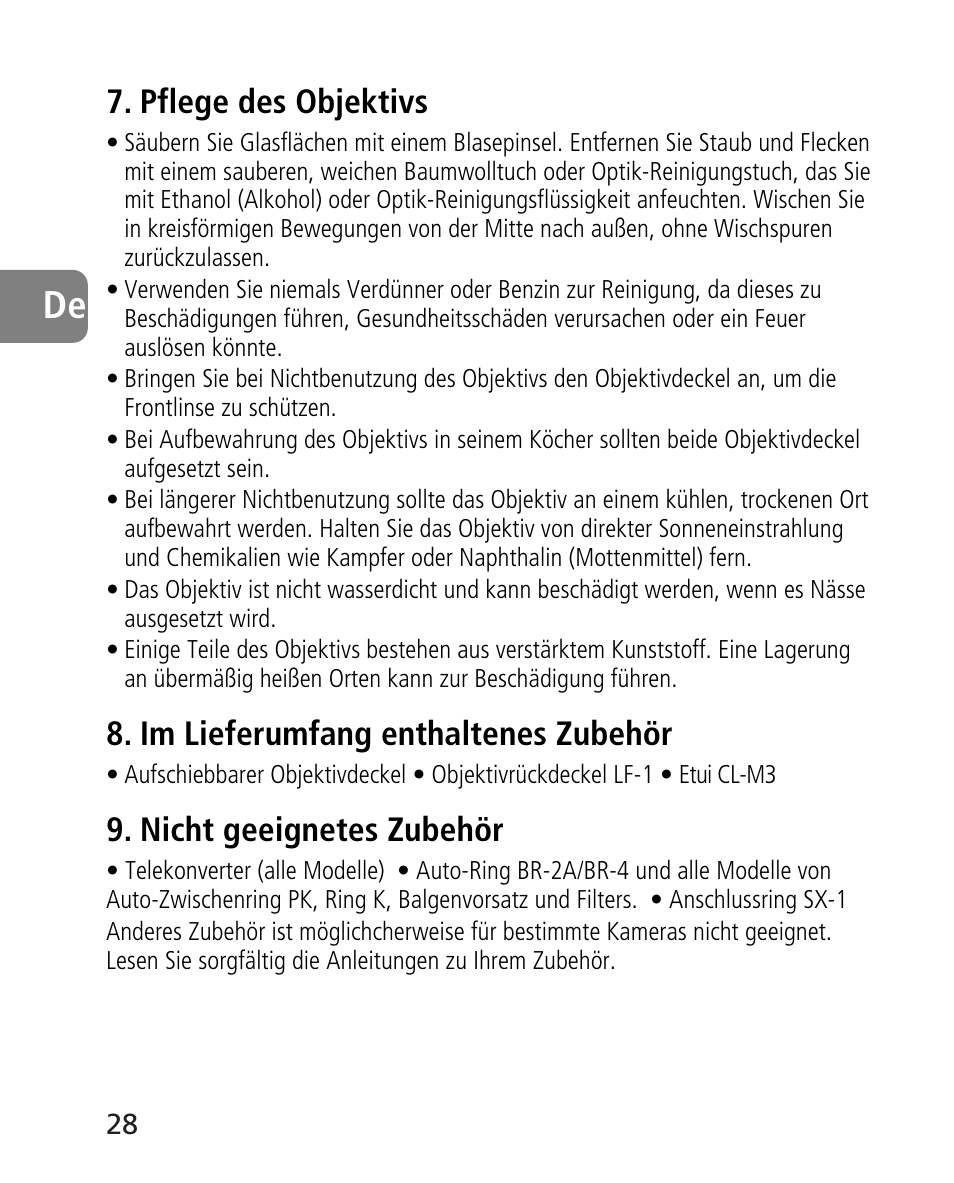 Pflege des objektivs, Im lieferumfang enthaltenes zubehör, Nicht geeignetes zubehör | Nikon AF-S 14-24mm f-2.8G ED User Manual | Page 28 / 119