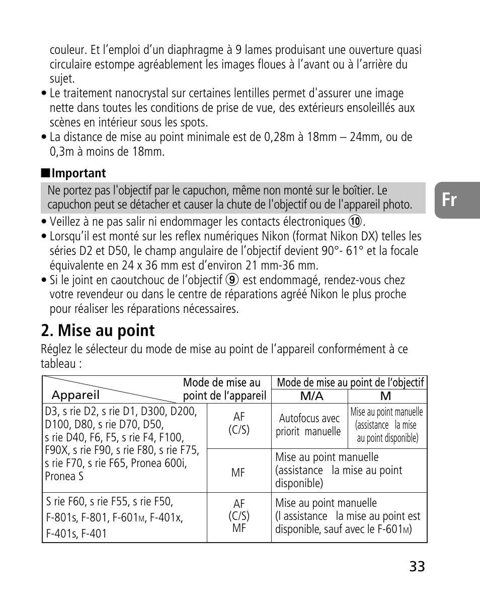 Mise au point | Nikon AF-S 14-24mm f-2.8G ED User Manual | Page 33 / 119