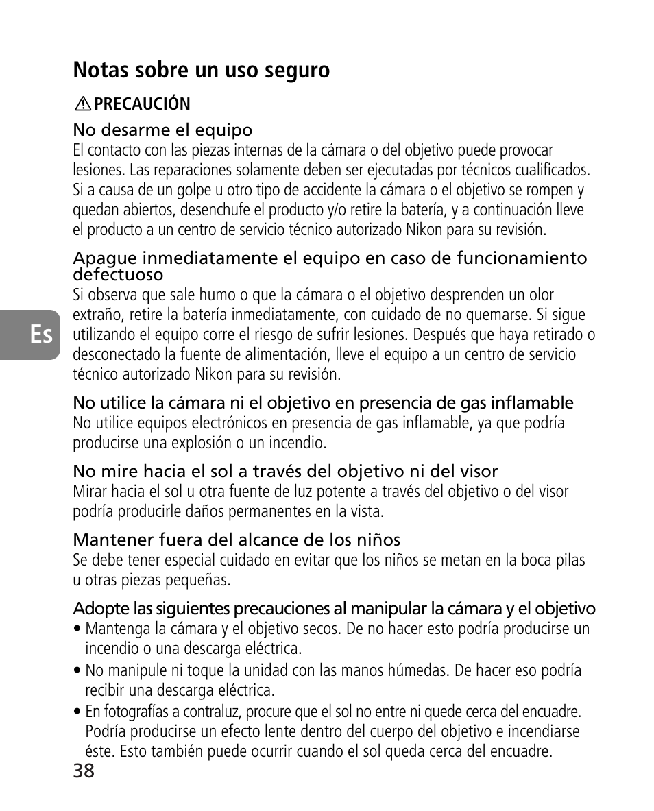 Notas sobre un uso seguro | Nikon AF-S 14-24mm f-2.8G ED User Manual | Page 38 / 119