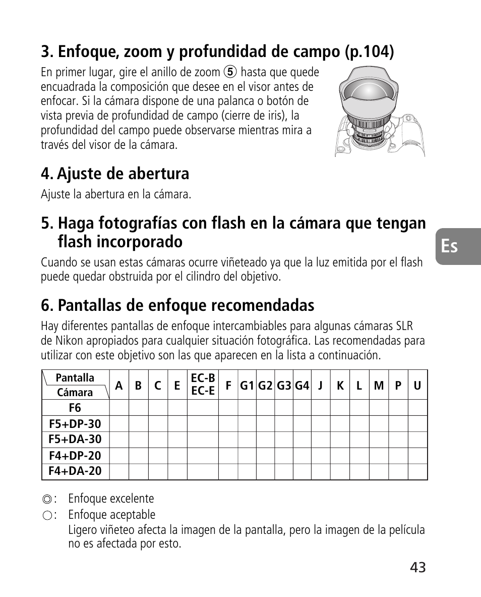 Enfoque, zoom y profundidad de campo (p.104), Ajuste de abertura, Pantallas de enfoque recomendadas | Nikon AF-S 14-24mm f-2.8G ED User Manual | Page 43 / 119