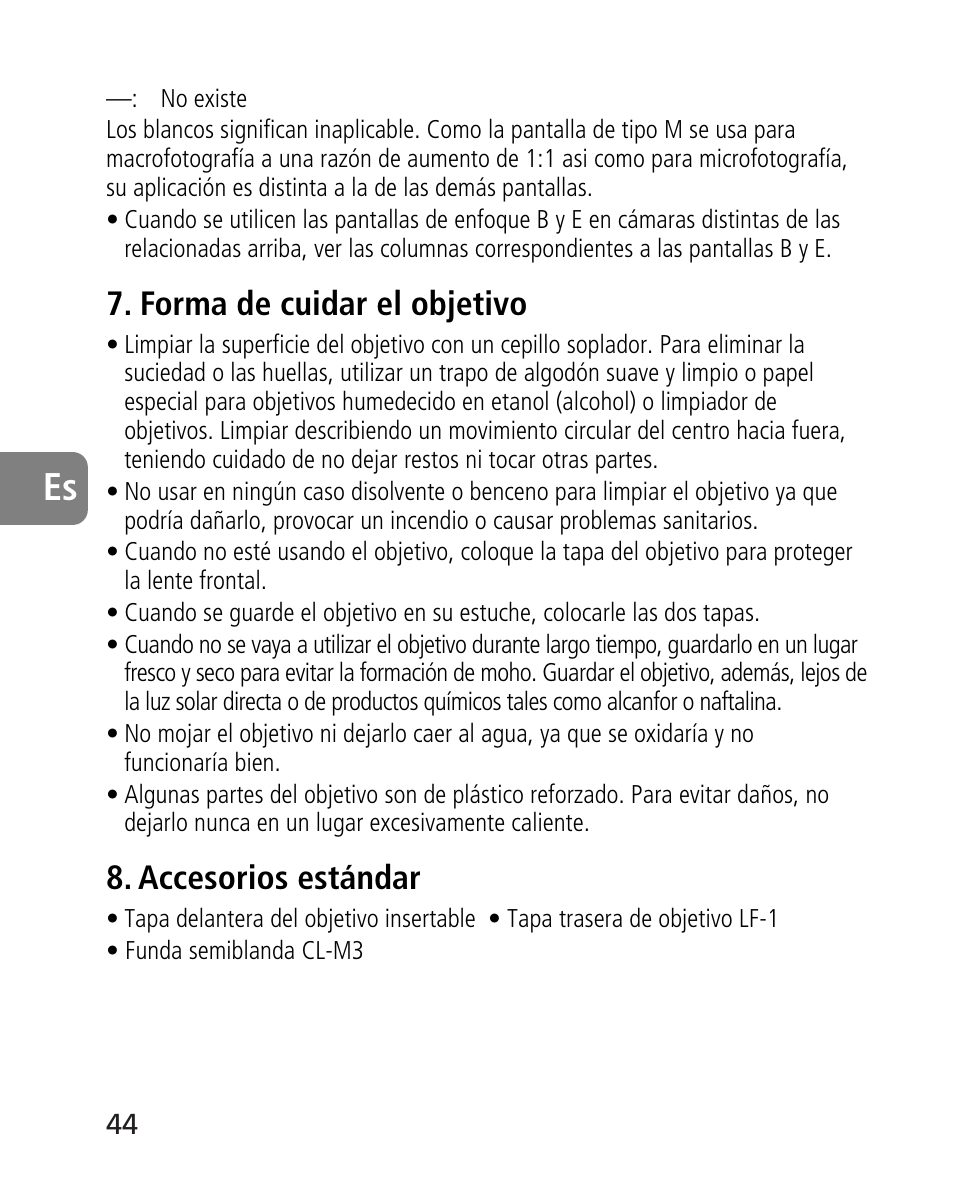 Forma de cuidar el objetivo, Accesorios estándar | Nikon AF-S 14-24mm f-2.8G ED User Manual | Page 44 / 119