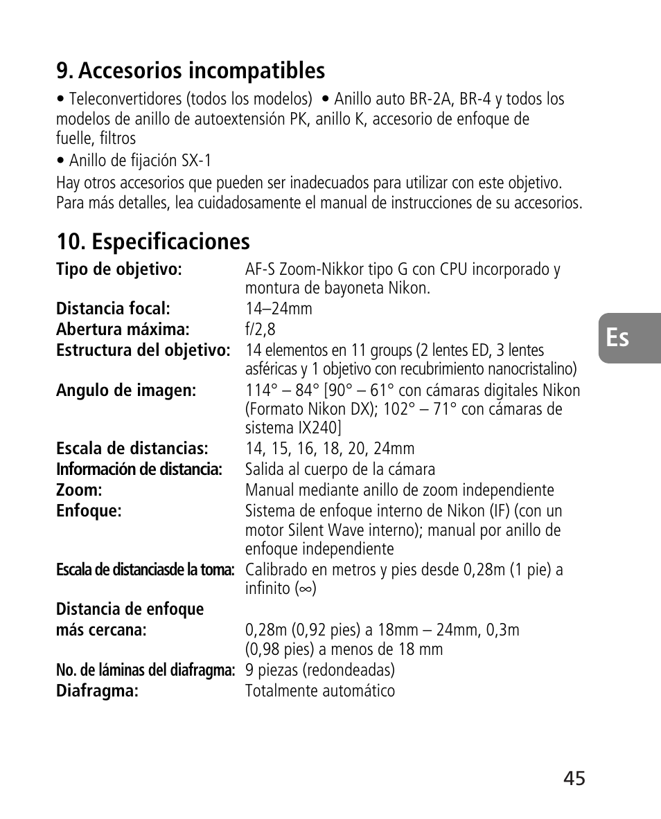 Accesorios incompatibles, Especificaciones | Nikon AF-S 14-24mm f-2.8G ED User Manual | Page 45 / 119
