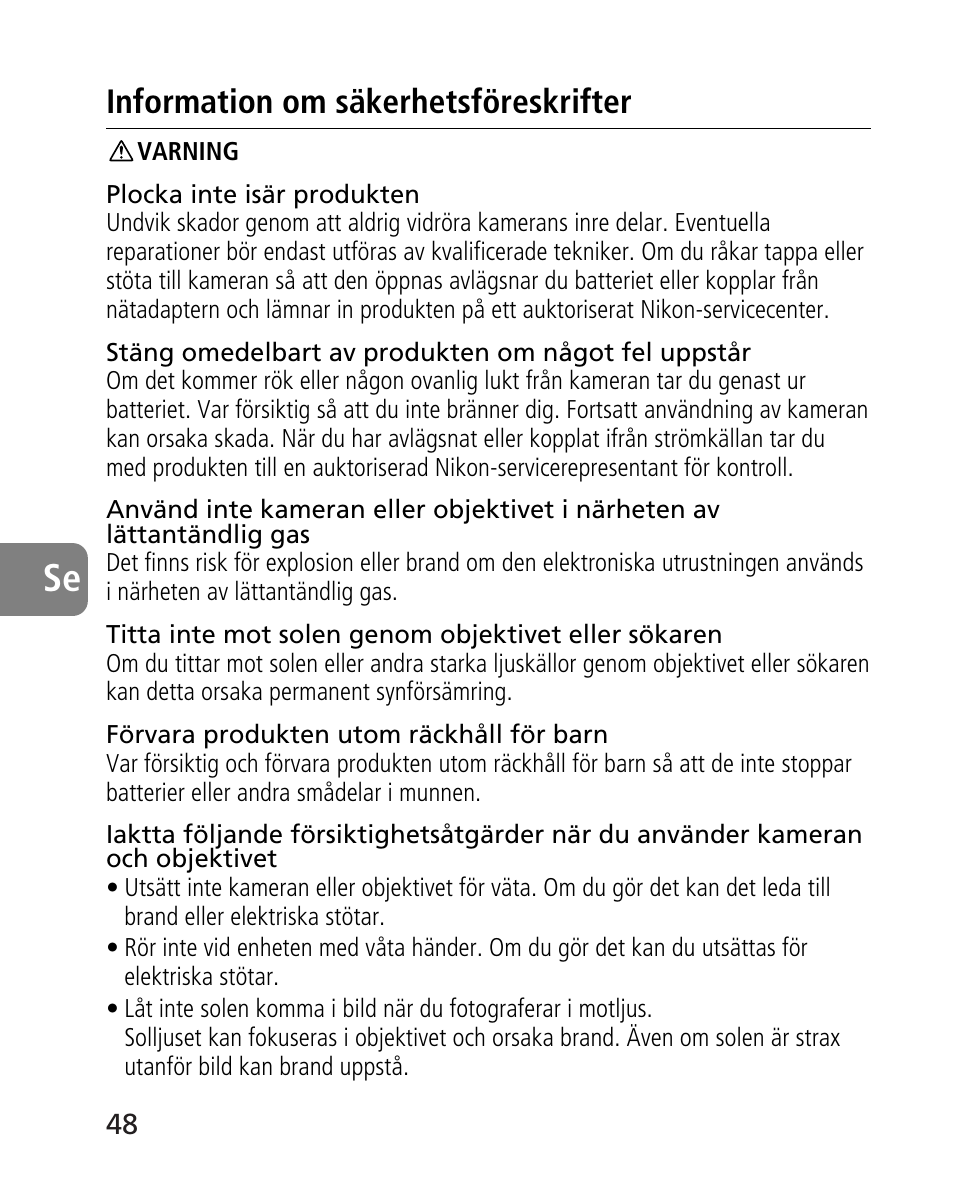 Information om säkerhetsföreskrifter | Nikon AF-S 14-24mm f-2.8G ED User Manual | Page 48 / 119