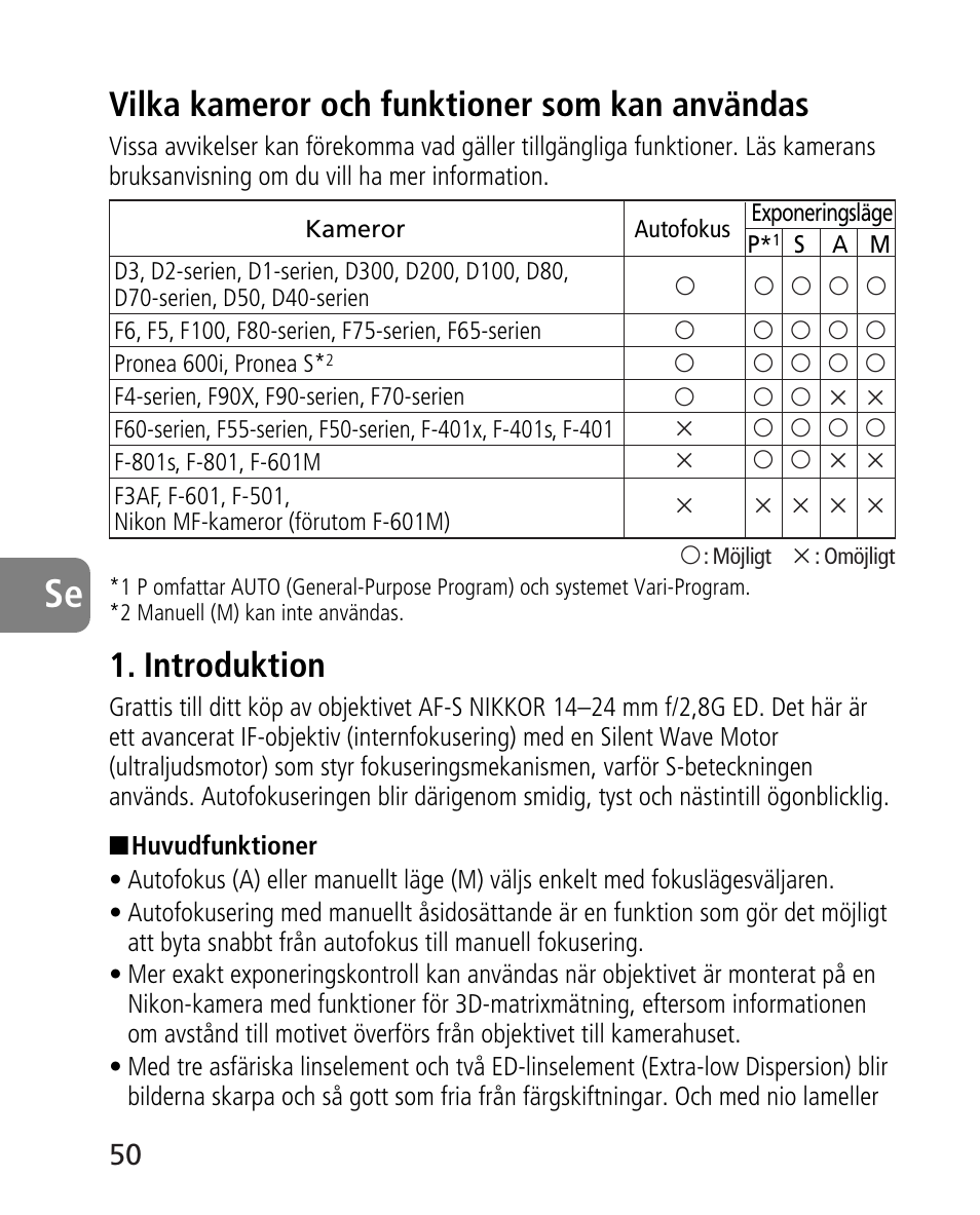 Vilka kameror och funktioner som kan användas, Introduktion | Nikon AF-S 14-24mm f-2.8G ED User Manual | Page 50 / 119