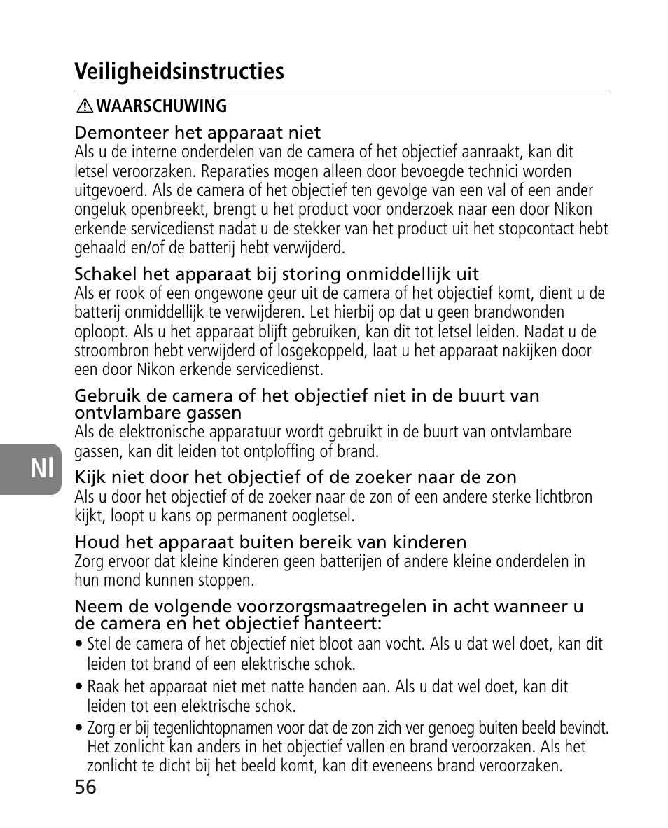 Veiligheidsinstructies | Nikon AF-S 14-24mm f-2.8G ED User Manual | Page 56 / 119