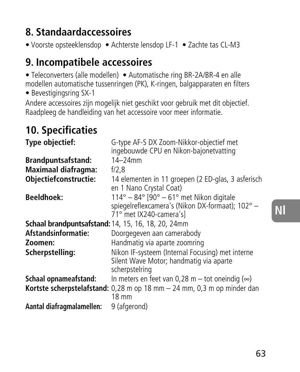 Standaardaccessoires, Incompatibele accessoires, Specificaties | Nikon AF-S 14-24mm f-2.8G ED User Manual | Page 63 / 119