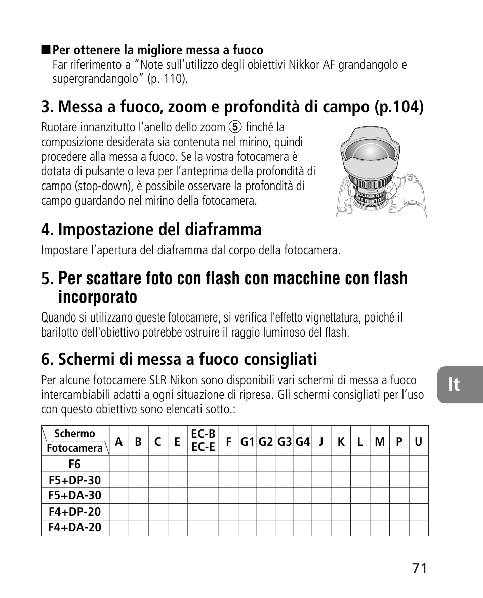 Messa a fuoco, zoom e profondità di campo (p.104), Impostazione del diaframma, Schermi di messa a fuoco consigliati | Nikon AF-S 14-24mm f-2.8G ED User Manual | Page 71 / 119