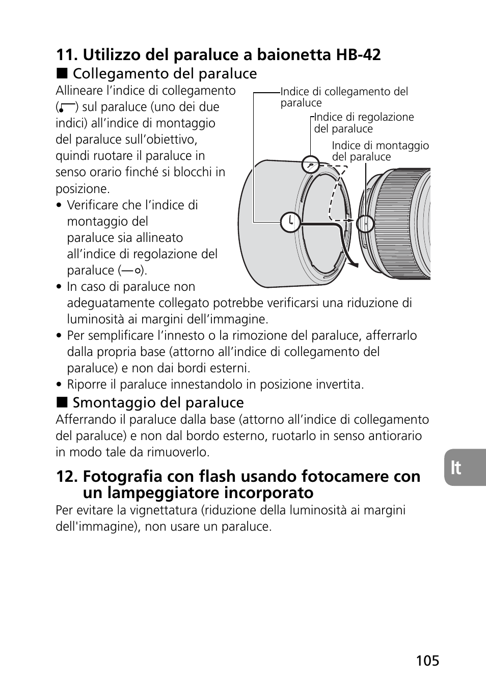 Utilizzo del paraluce a baionetta hb-42 | Nikon AF-S Micro-NIKKOR 60mm f-2.8G ED User Manual | Page 105 / 154