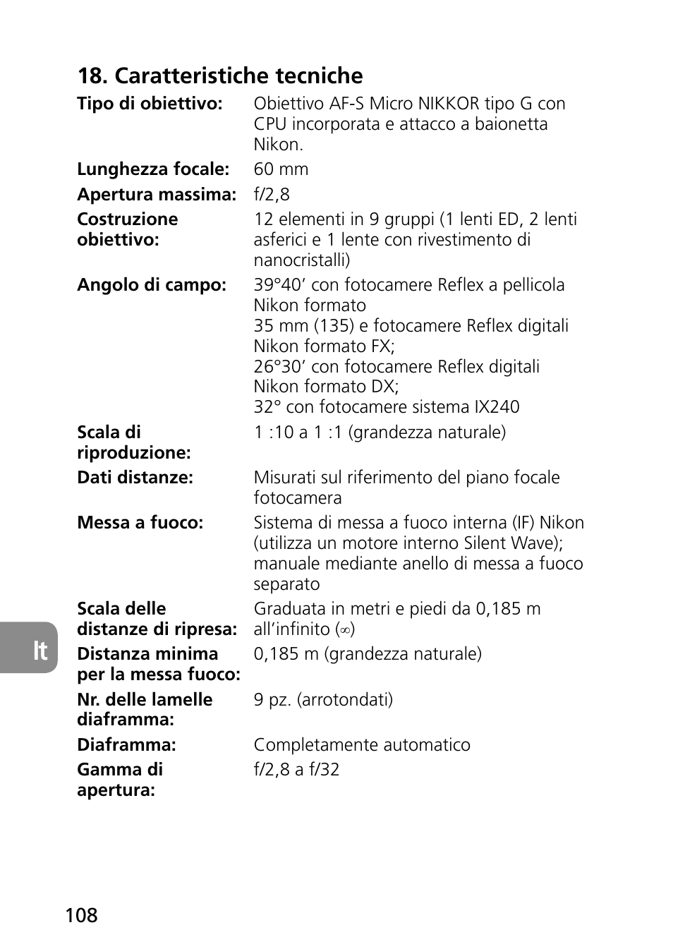 Caratteristiche tecniche | Nikon AF-S Micro-NIKKOR 60mm f-2.8G ED User Manual | Page 108 / 154