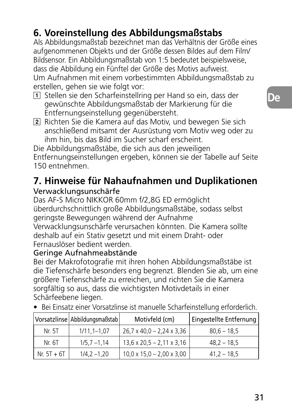 Voreinstellung des abbildungsmaßstabs, Hinweise für nahaufnahmen und duplikationen | Nikon AF-S Micro-NIKKOR 60mm f-2.8G ED User Manual | Page 31 / 154