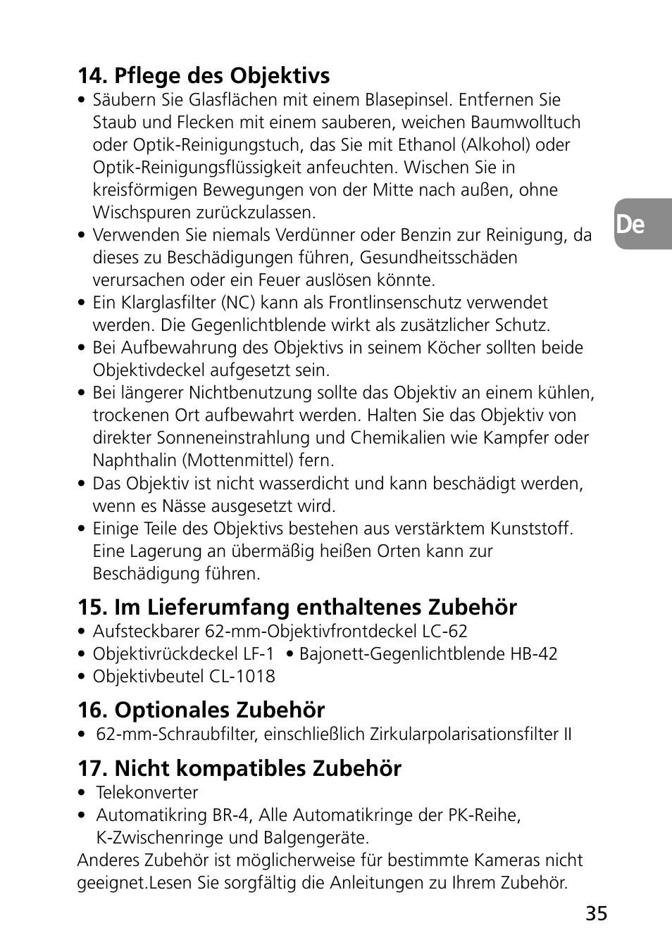 Pflege des objektivs, Im lieferumfang enthaltenes zubehör, Optionales zubehör | Nicht kompatibles zubehör | Nikon AF-S Micro-NIKKOR 60mm f-2.8G ED User Manual | Page 35 / 154