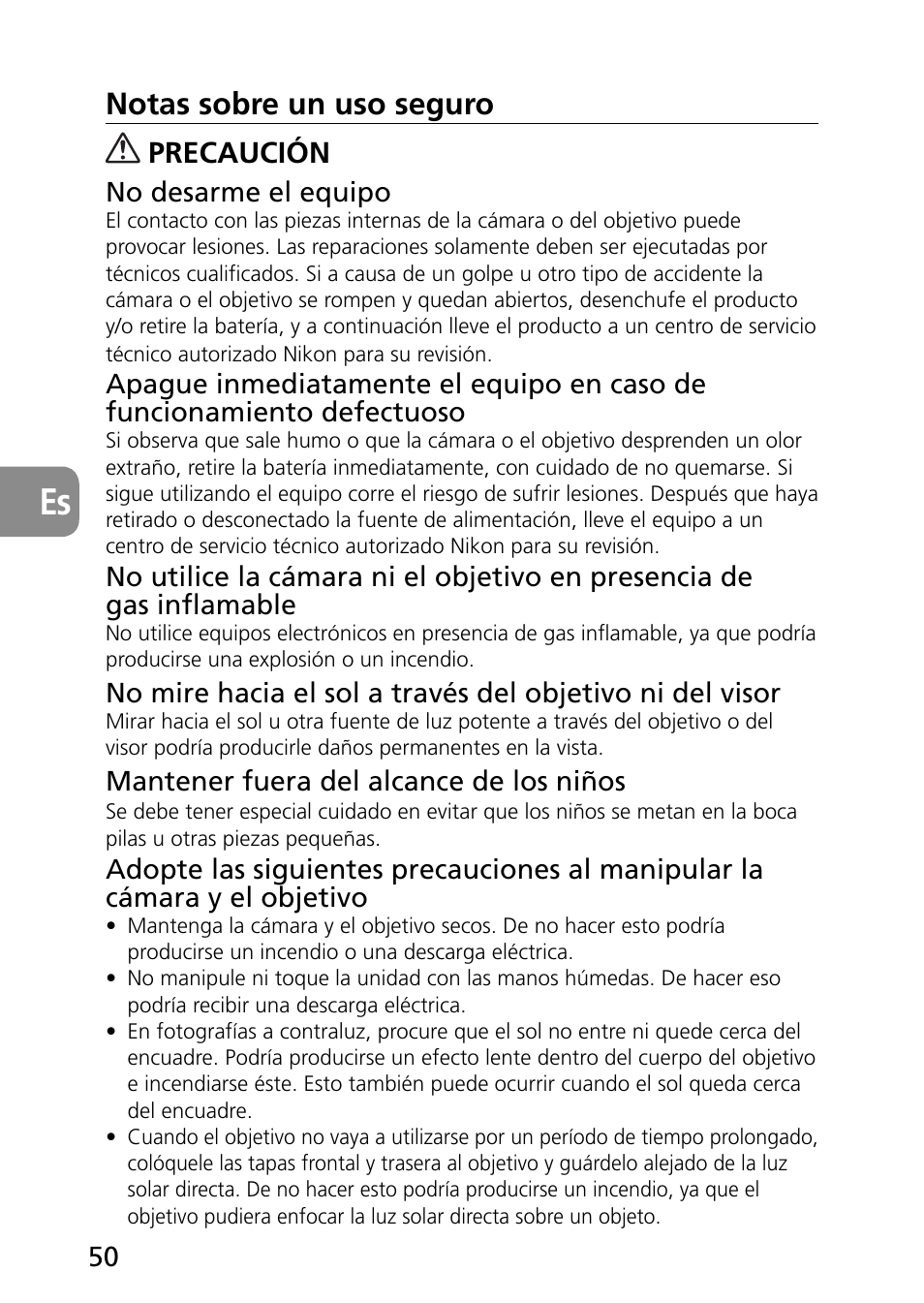 Notas sobre un uso seguro, Precaución | Nikon AF-S Micro-NIKKOR 60mm f-2.8G ED User Manual | Page 50 / 154