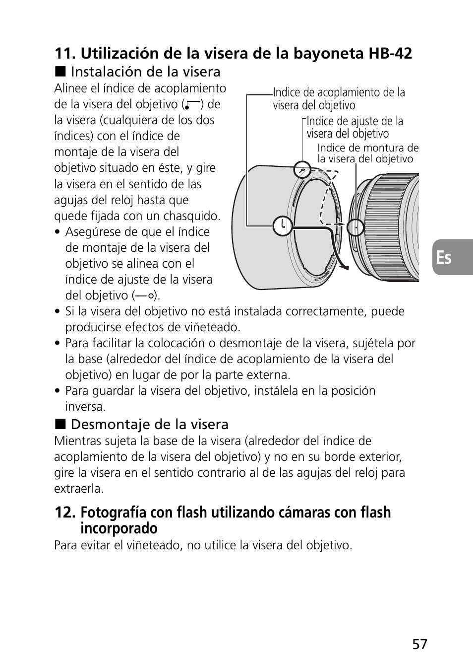 Utilización de la visera de la bayoneta hb-42 | Nikon AF-S Micro-NIKKOR 60mm f-2.8G ED User Manual | Page 57 / 154