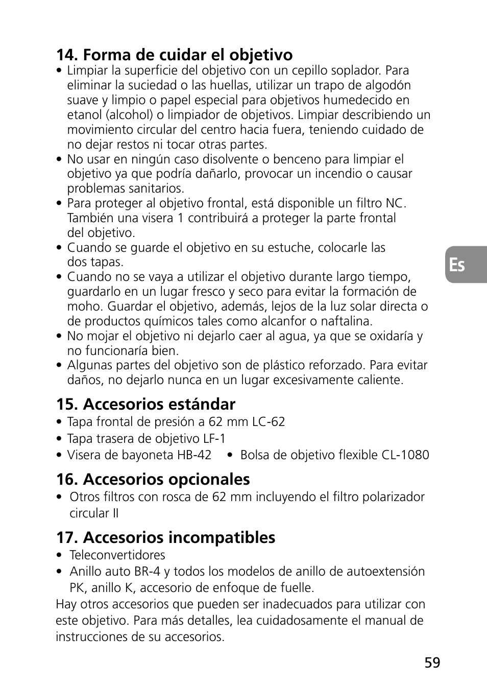 Forma de cuidar el objetivo, Accesorios estándar, Accesorios opcionales | Accesorios incompatibles | Nikon AF-S Micro-NIKKOR 60mm f-2.8G ED User Manual | Page 59 / 154