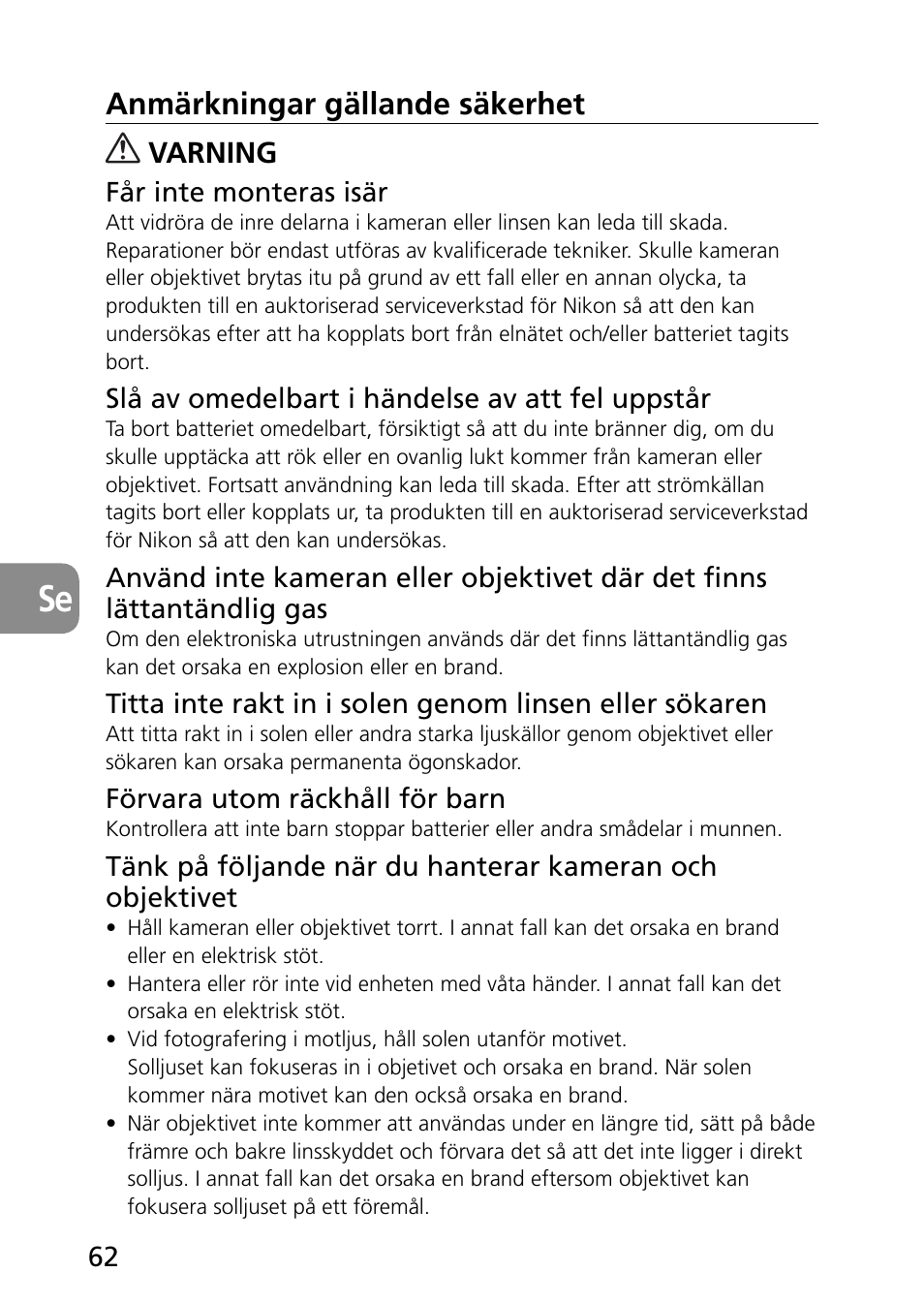 Anmärkningar gällande säkerhet, Varning | Nikon AF-S Micro-NIKKOR 60mm f-2.8G ED User Manual | Page 62 / 154