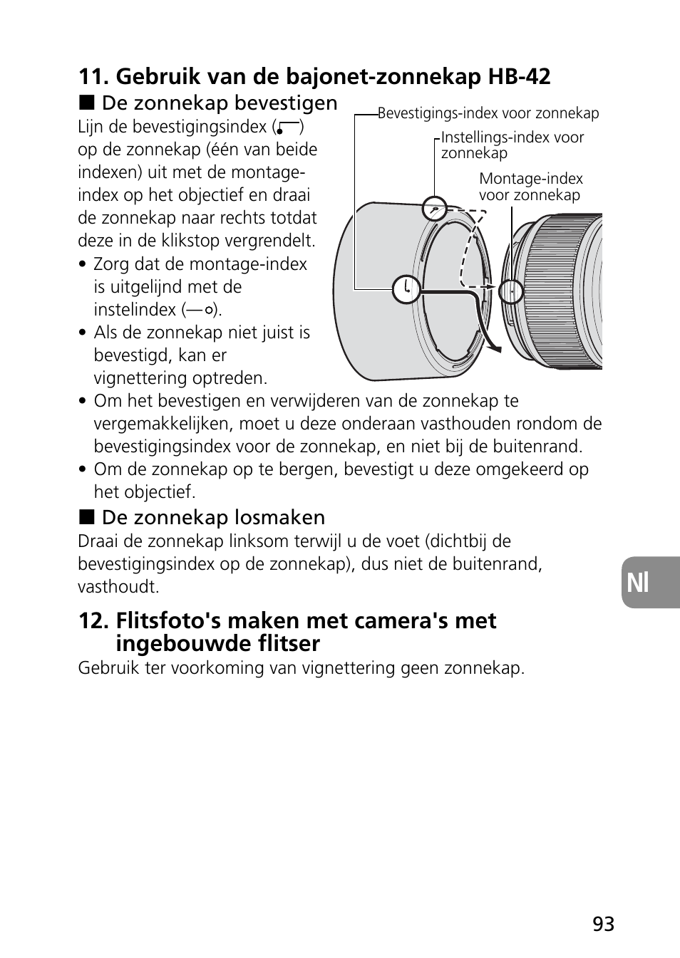 Gebruik van de bajonet-zonnekap hb-42 | Nikon AF-S Micro-NIKKOR 60mm f-2.8G ED User Manual | Page 93 / 154
