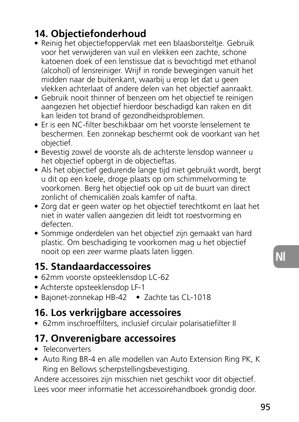 Objectiefonderhoud, Standaardaccessoires, Los verkrijgbare accessoires | Onverenigbare accessoires | Nikon AF-S Micro-NIKKOR 60mm f-2.8G ED User Manual | Page 95 / 154