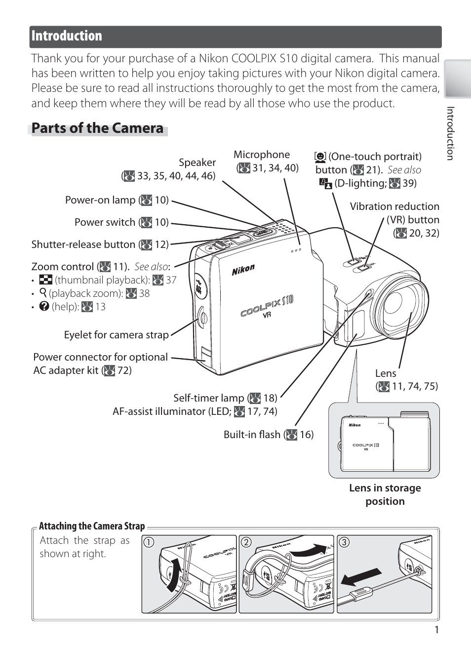 Introduction, Parts of the camera | Nikon S10 User Manual | Page 11 / 103