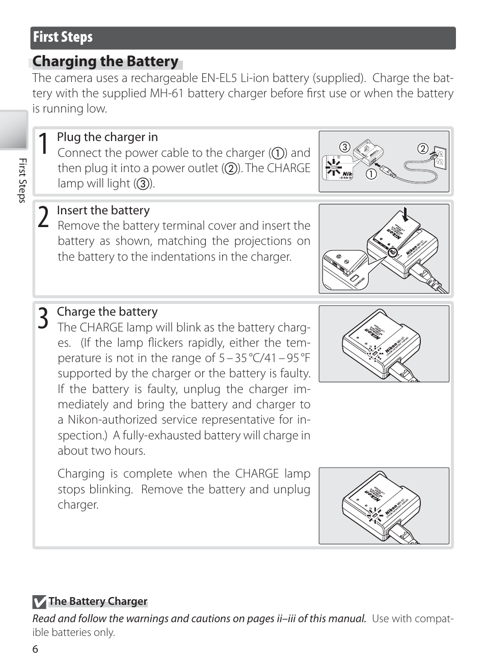 First steps, Charging the battery | Nikon S10 User Manual | Page 16 / 103