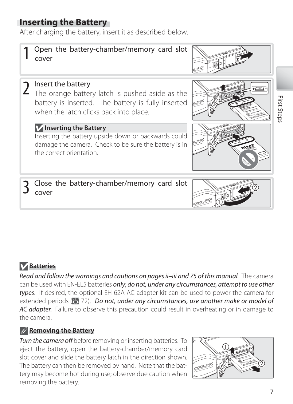 Inserting the battery | Nikon S10 User Manual | Page 17 / 103