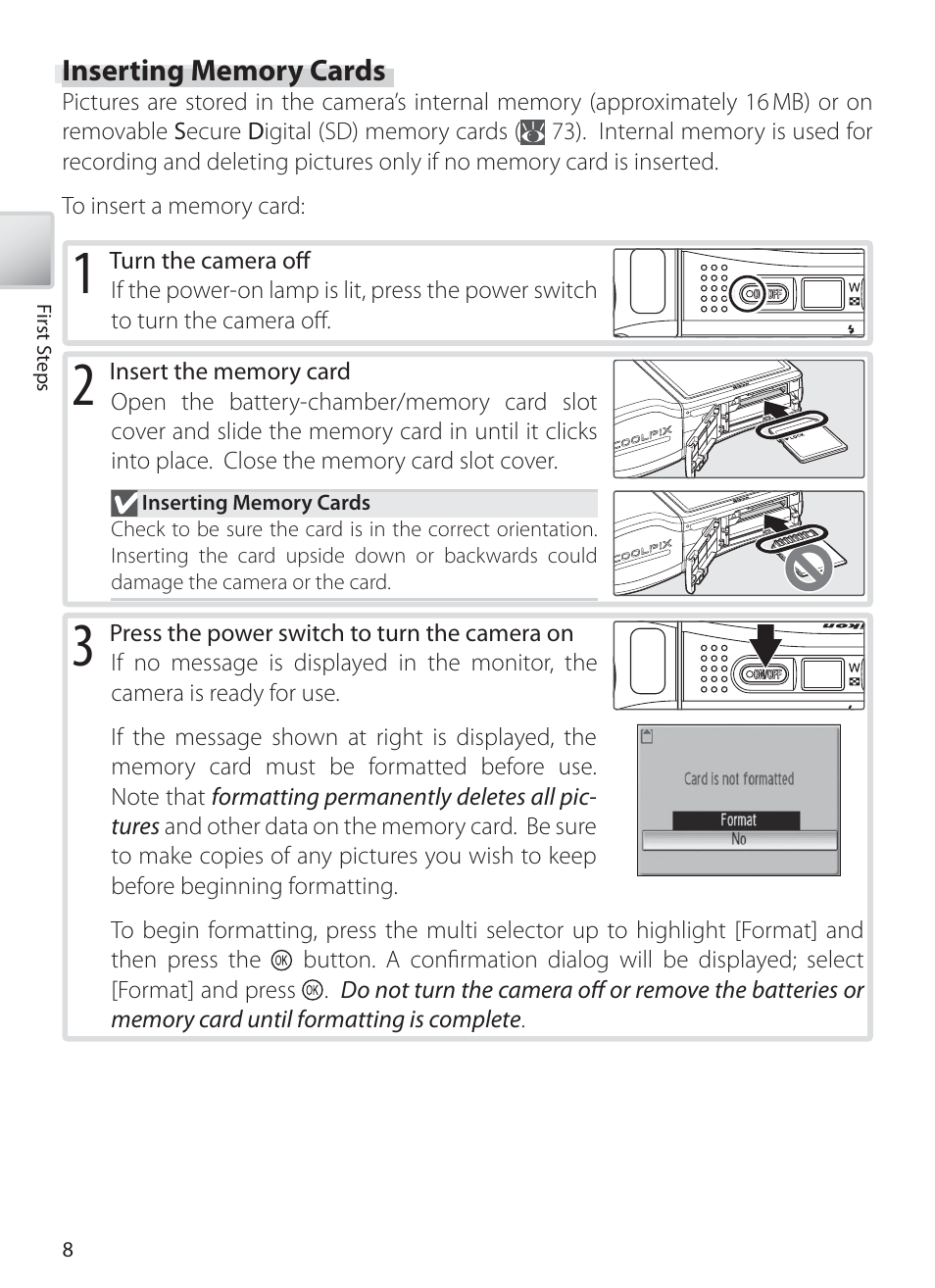 Inserting memory cards | Nikon S10 User Manual | Page 18 / 103